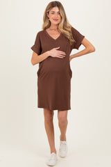 Brown Brushed Rolled Short Sleeve V-Neck Maternity Dress