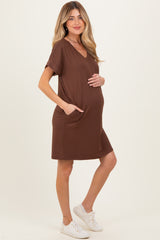Brown Brushed Rolled Short Sleeve V-Neck Maternity Dress