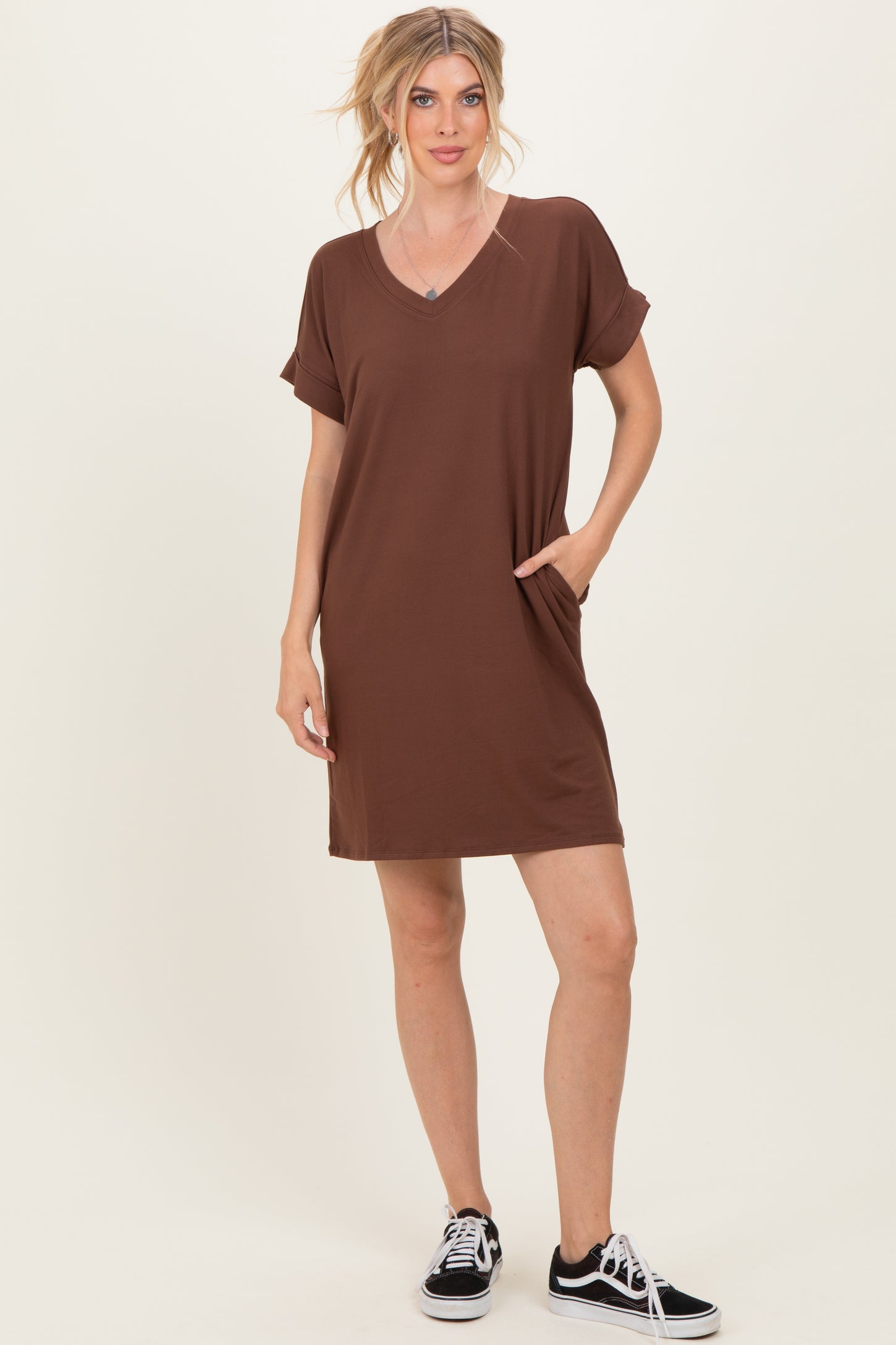 Brown Brushed Rolled Short Sleeve V-Neck Maternity Dress
