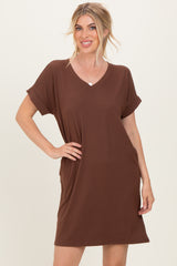 Brown Brushed Rolled Short Sleeve V-Neck Dress