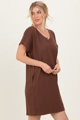 Brown Brushed Rolled Short Sleeve V-Neck Dress