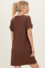 Brown Brushed Rolled Short Sleeve V-Neck Dress