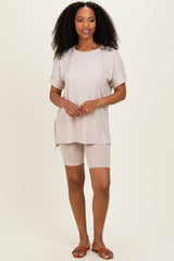 Sand Beige Hi-Low Short Sleeve Tee Biker Short Maternity Set