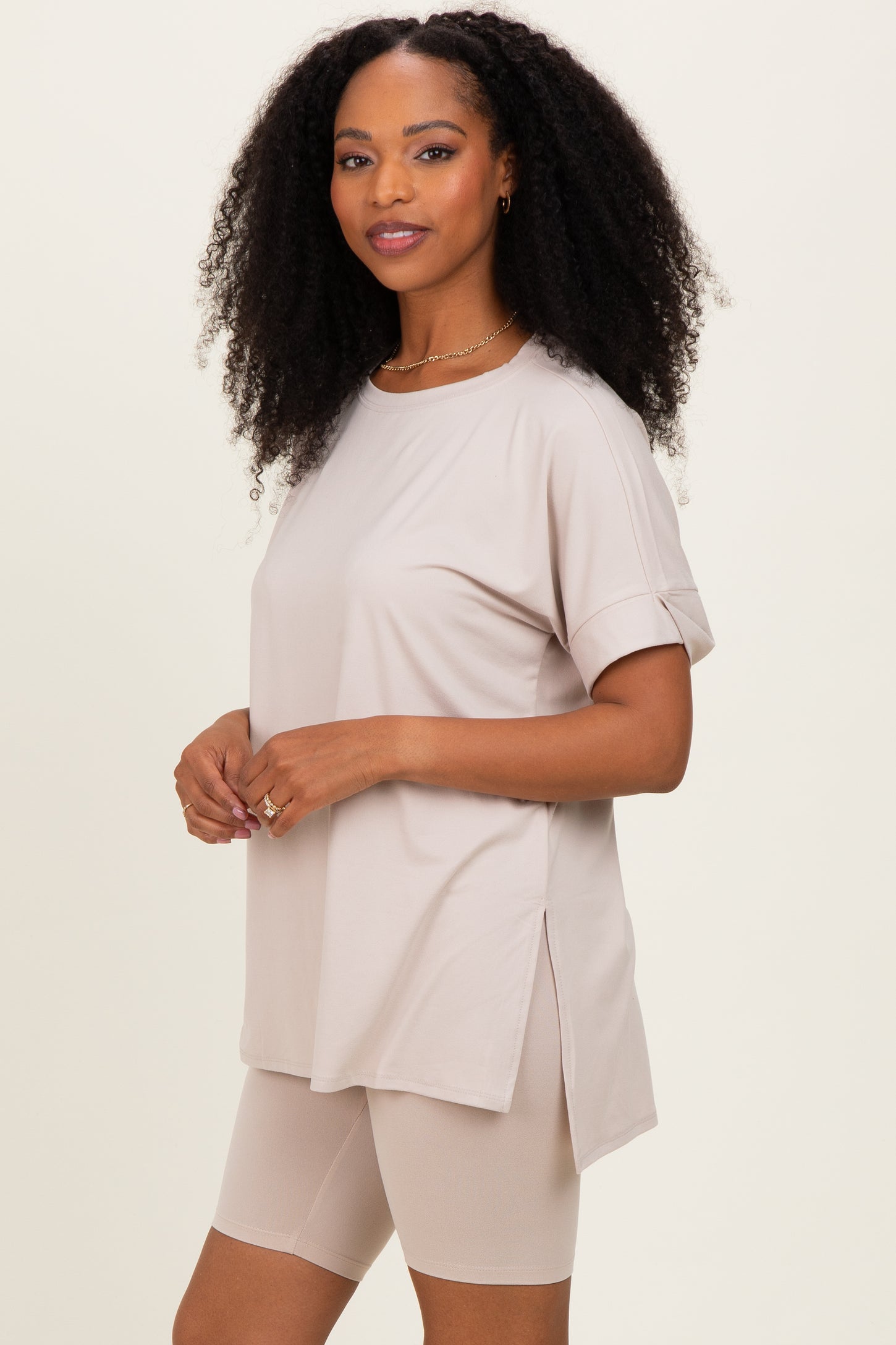 Sand Beige Hi-Low Short Sleeve Tee Biker Short Set