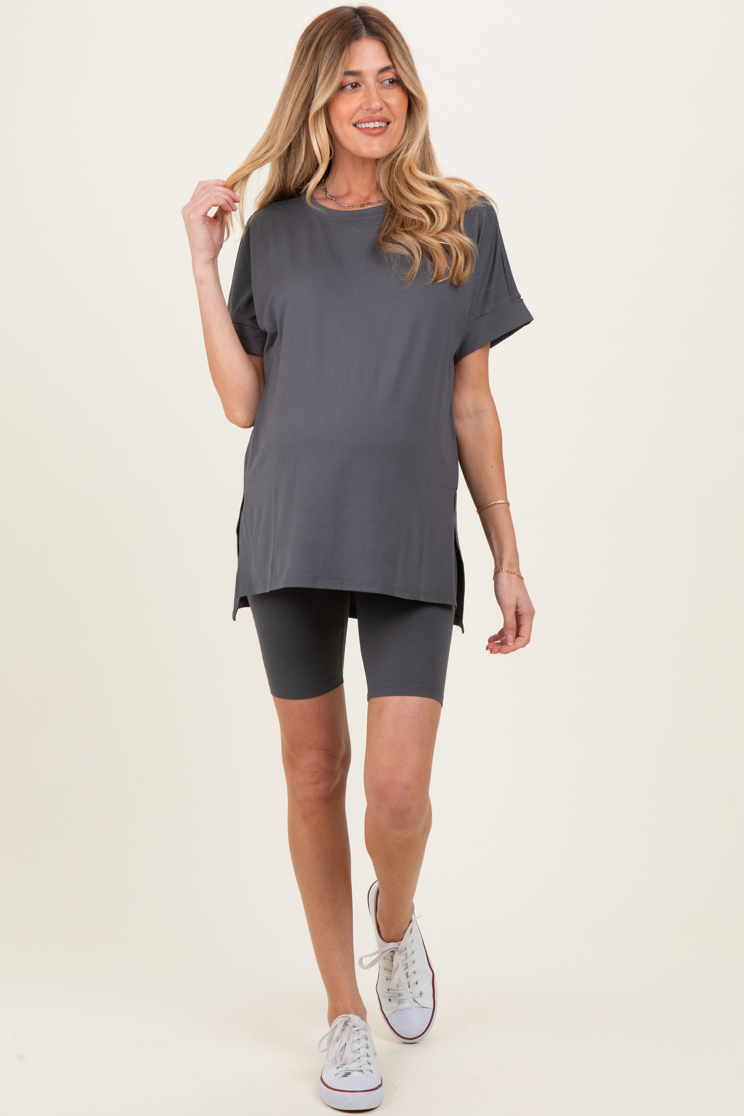 Ash Grey Hi-Low Short Sleeve Tee Biker Short Maternity Set