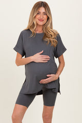 Ash Grey Hi-Low Short Sleeve Tee Biker Short Maternity Set