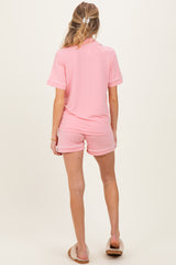 Pink Short Sleeve Button Down Shirt Shorts Maternity Set
