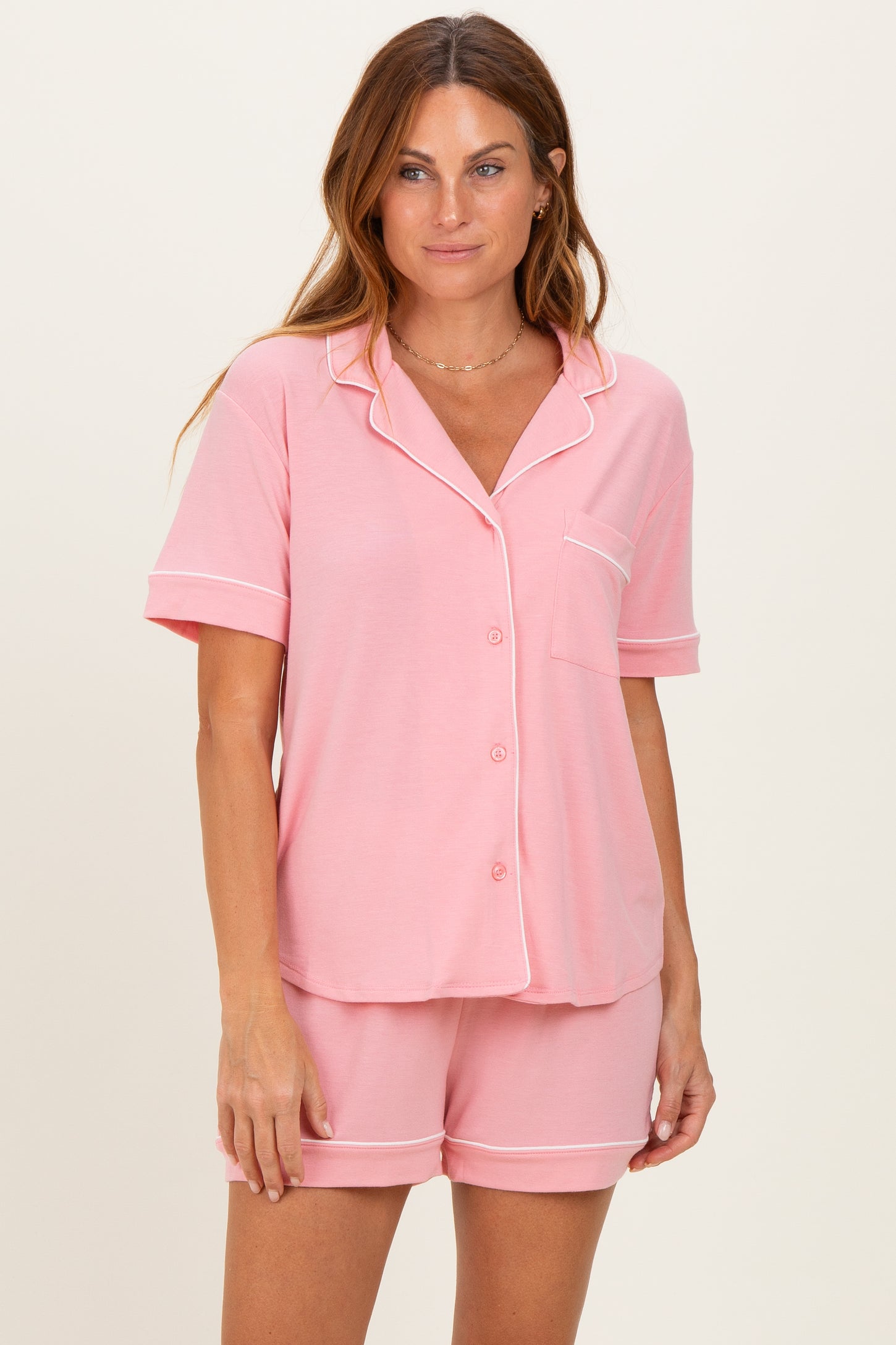 Pink Short Sleeve Button Down Shirt Shorts Set