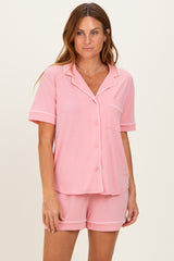 Pink Short Sleeve Button Down Shirt Shorts Set
