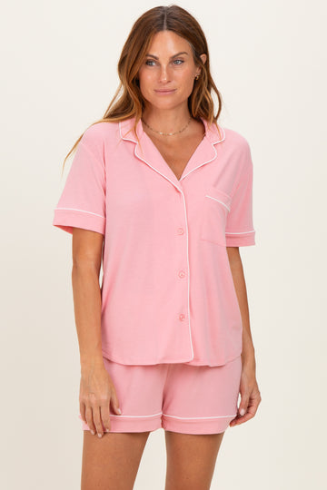 Pink Short Sleeve Button Down Shirt Shorts Set