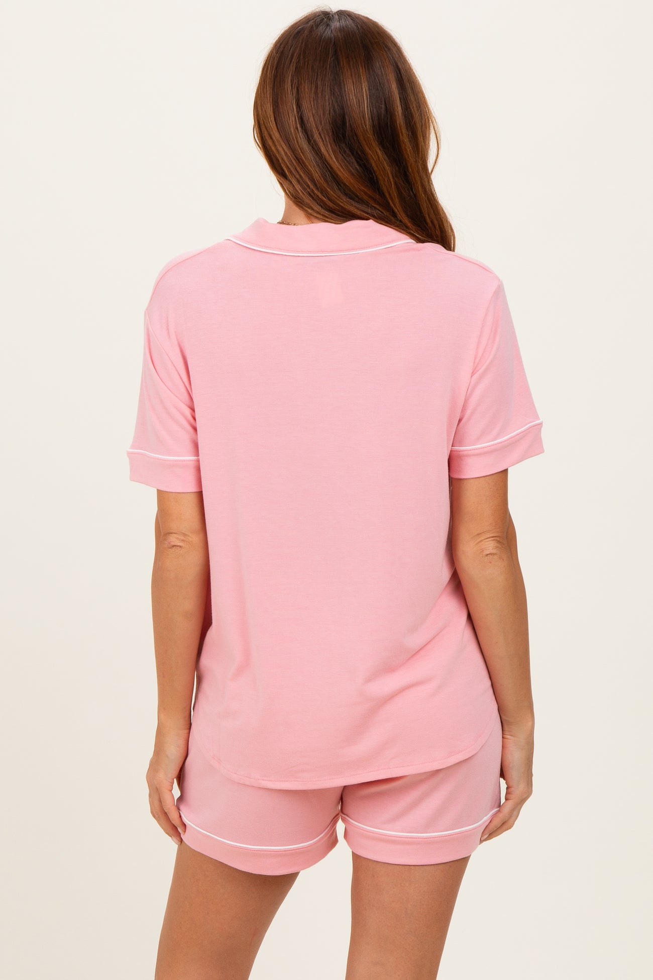 Pink Short Sleeve Button Down Shirt Shorts Set