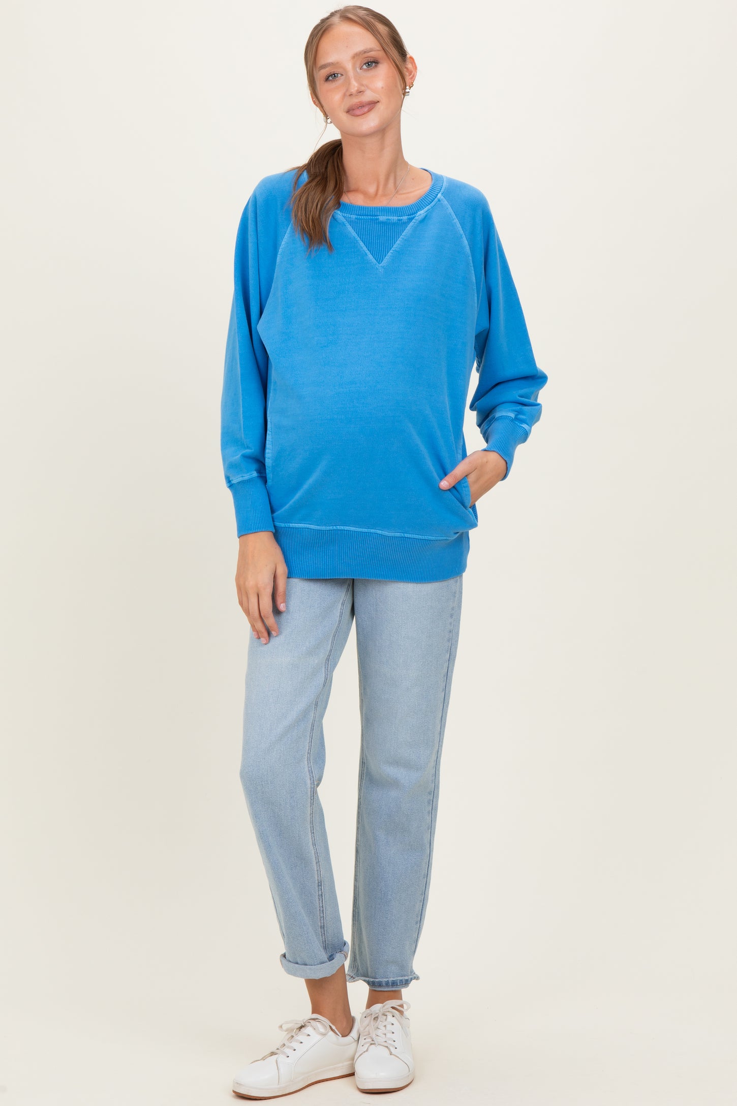 Classic Blue Vintage Wash French Terry Maternity Pullover