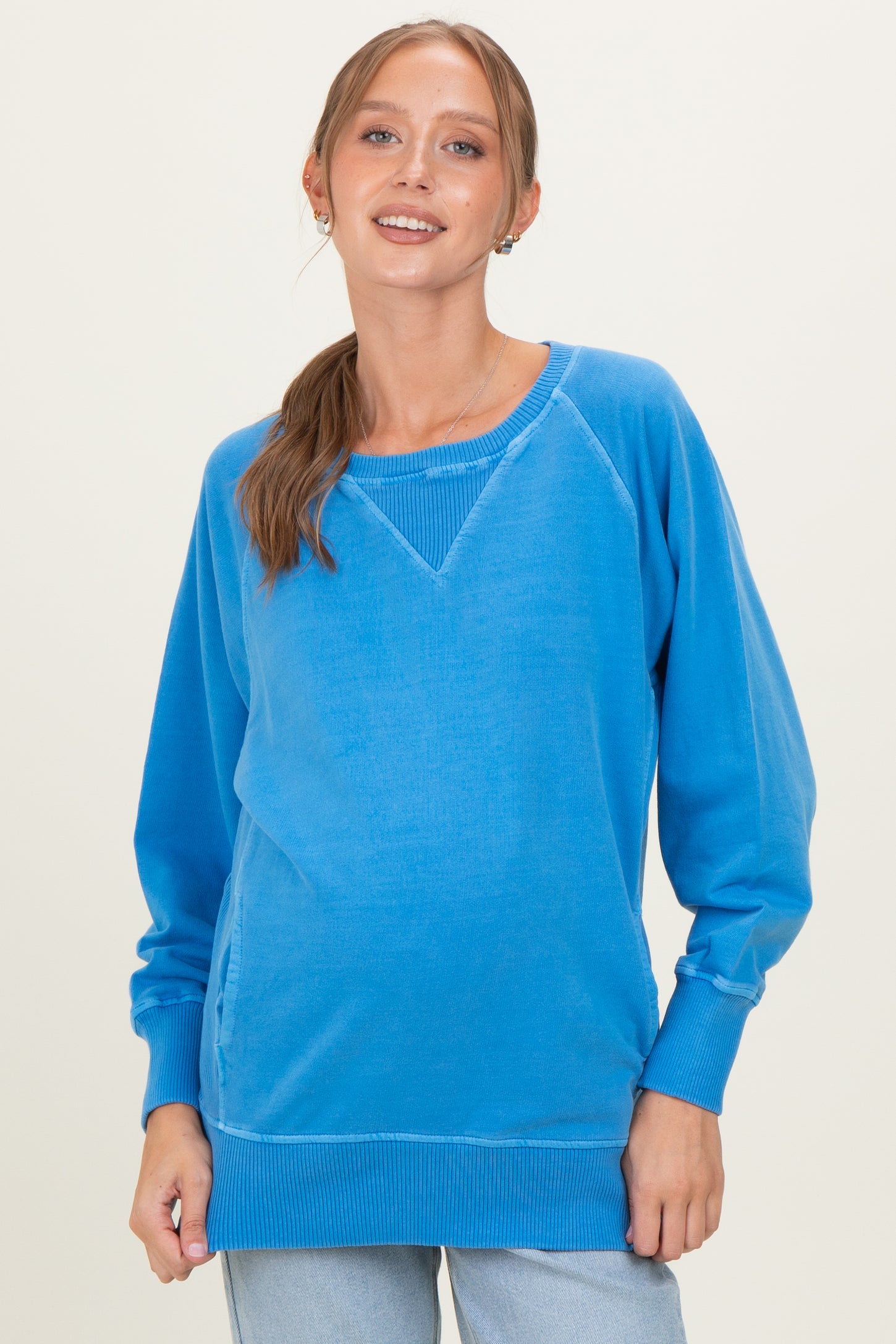 Classic Blue Vintage Wash French Terry Maternity Pullover