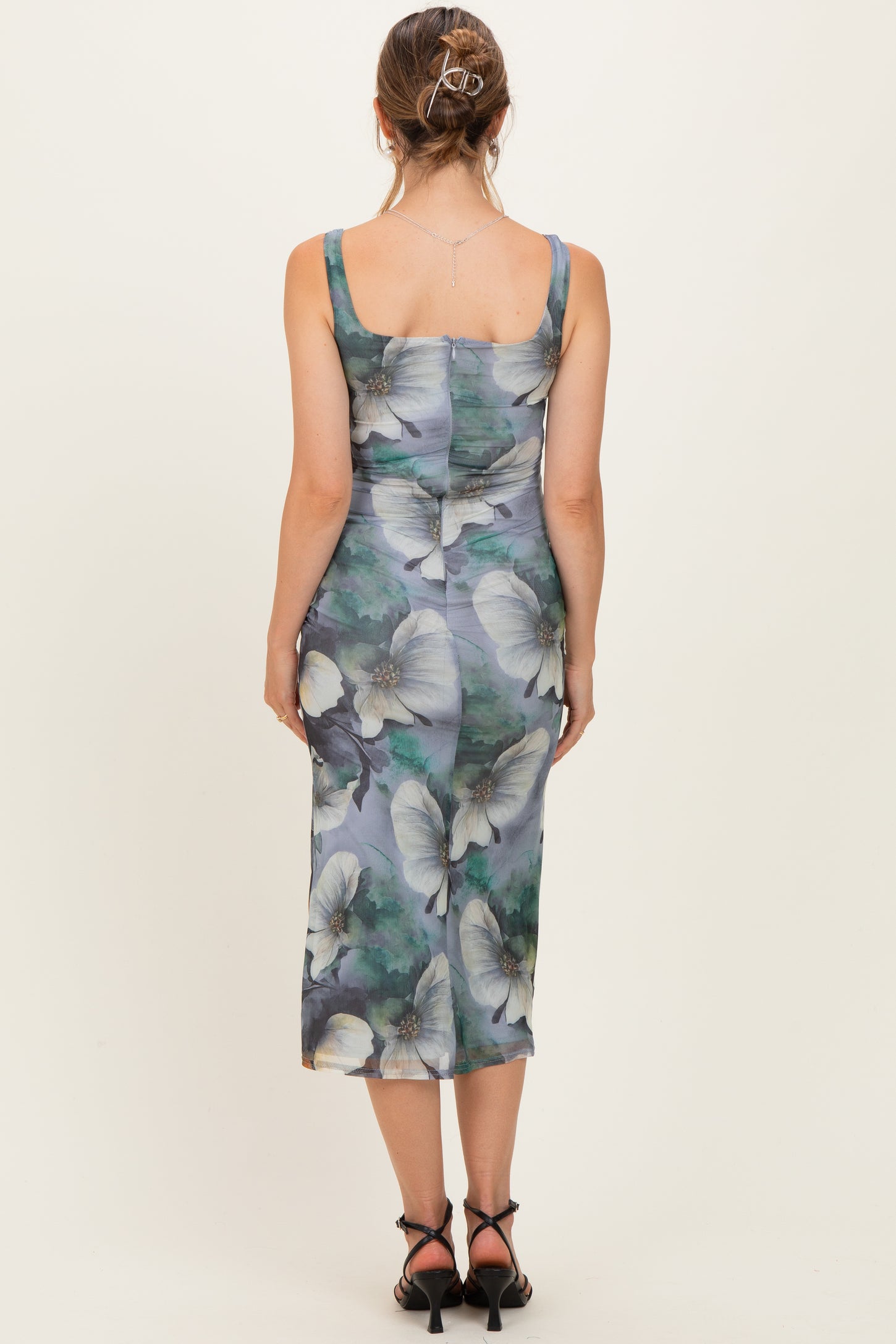 Grey Mesh Floral Sleeveless Maternity Midi Dress