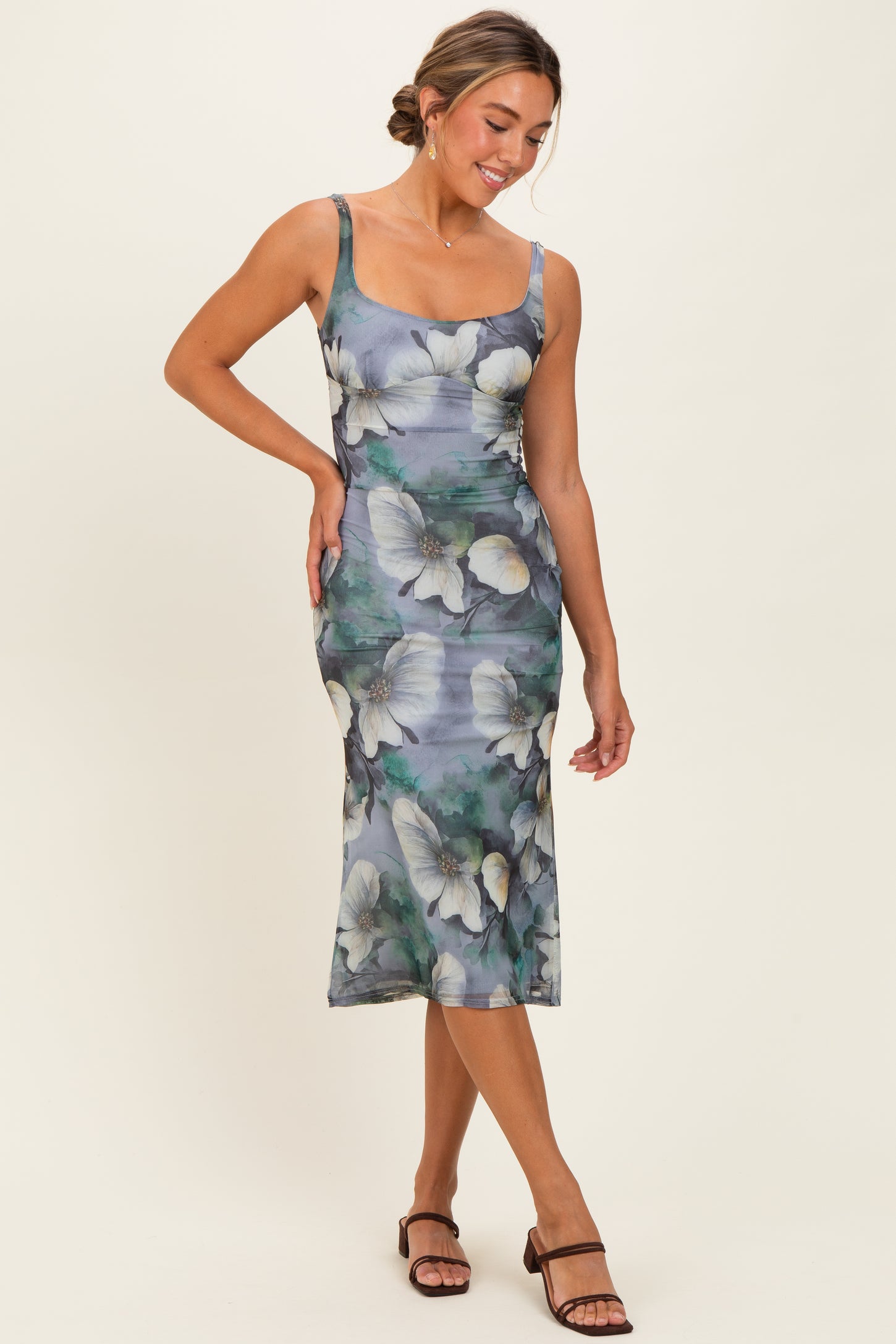 Grey Mesh Floral Sleeveless Maternity Midi Dress