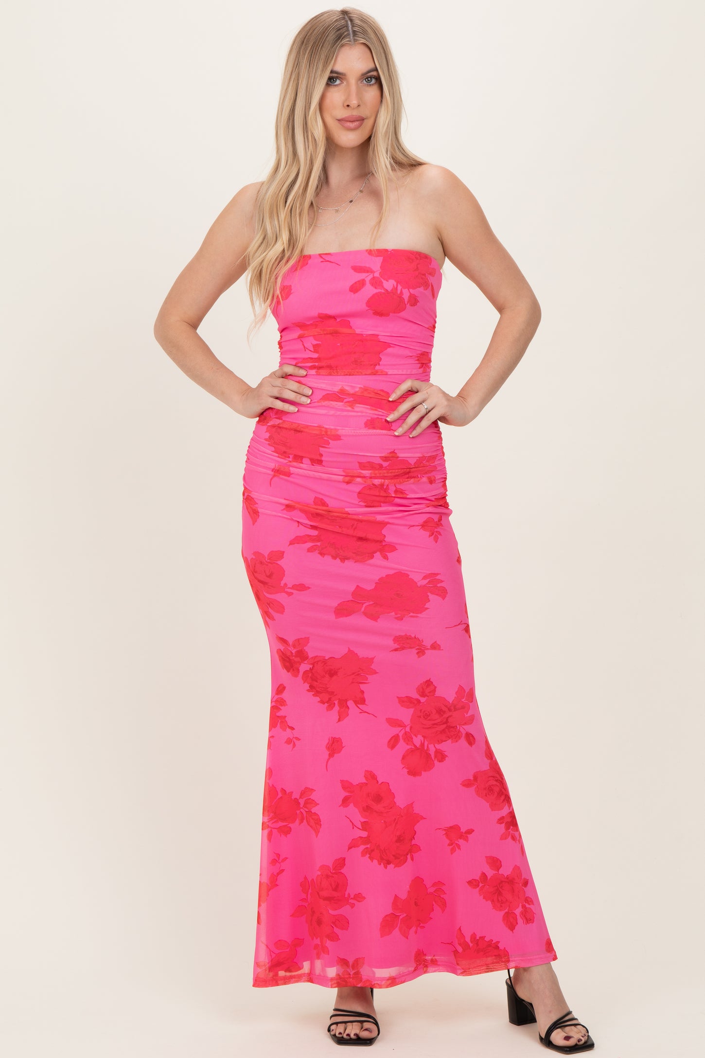 Fuchsia Floral Open Back Strapless Ruched Maxi Dress