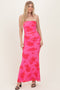 Fuchsia Floral Open Back Strapless Ruched Maxi Dress