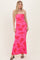 Fuchsia Floral Open Back Strapless Ruched Maxi Dress