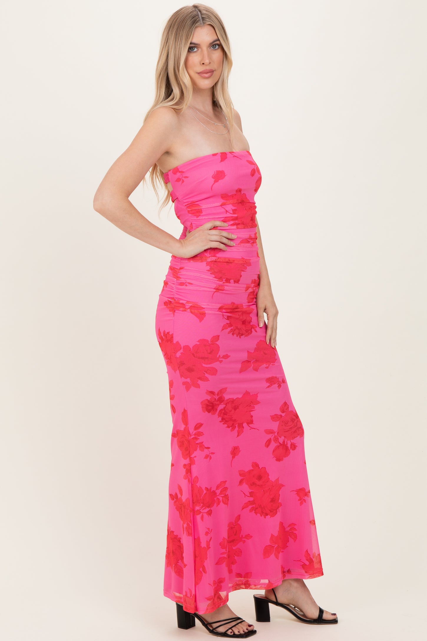 Fuchsia Floral Open Back Strapless Ruched Maxi Dress