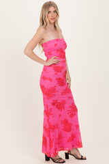 Fuchsia Floral Open Back Strapless Ruched Maxi Dress