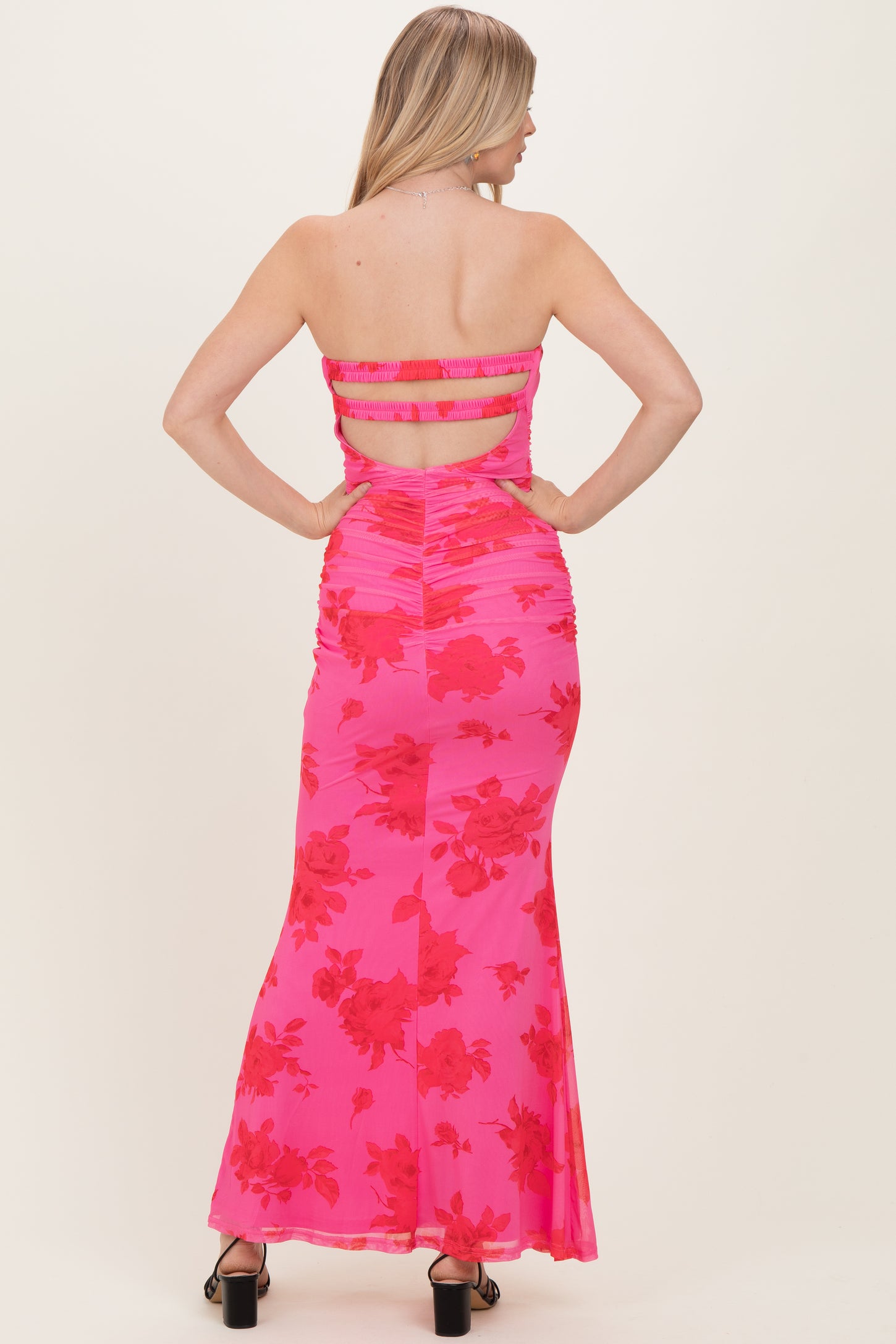 Fuchsia Floral Open Back Strapless Ruched Maxi Dress
