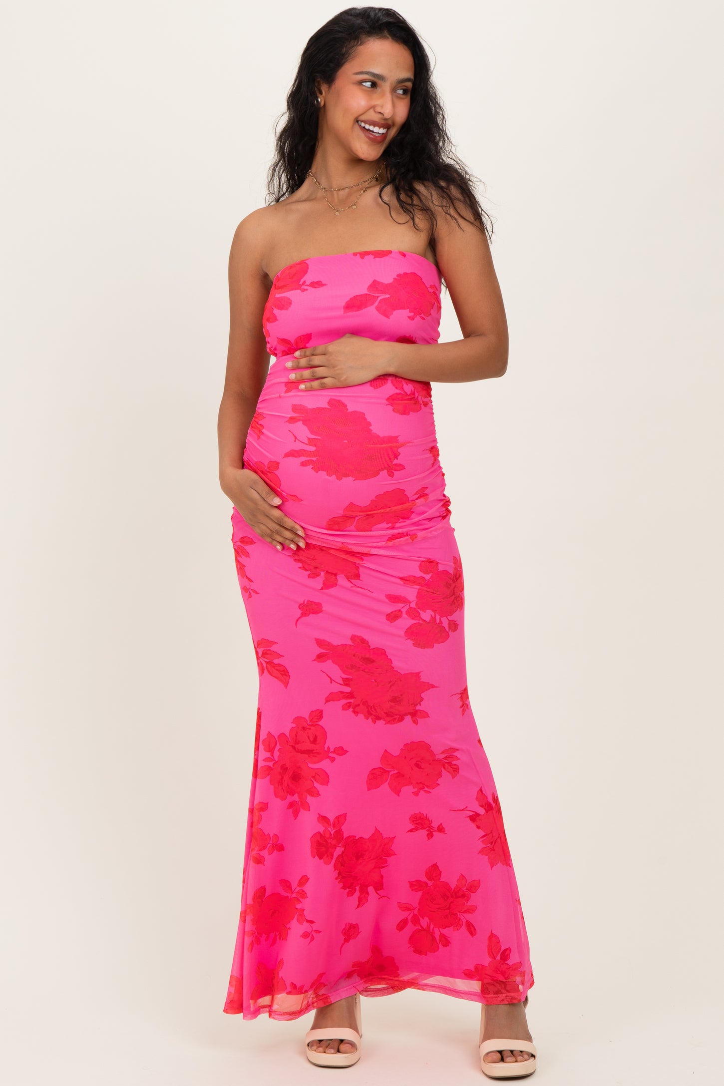 Fuchsia Floral Open Back Strapless Ruched Maternity Maxi Dress