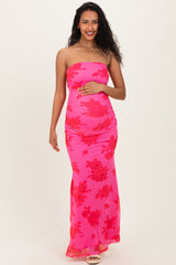Fuchsia Floral Open Back Strapless Ruched Maternity Maxi Dress
