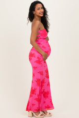 Fuchsia Floral Open Back Strapless Ruched Maternity Maxi Dress