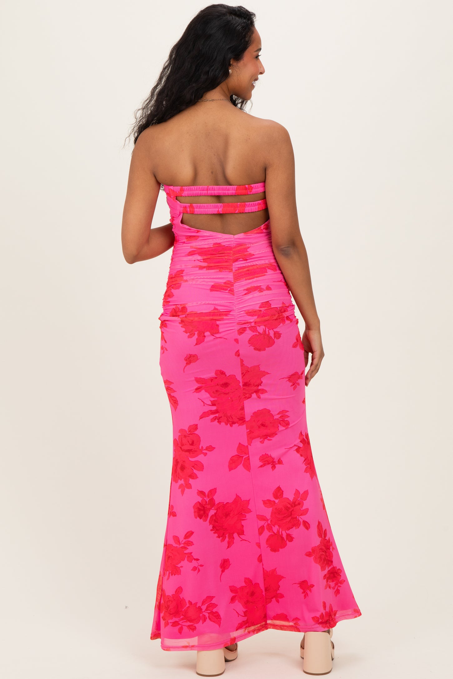 Fuchsia Floral Open Back Strapless Ruched Maternity Maxi Dress