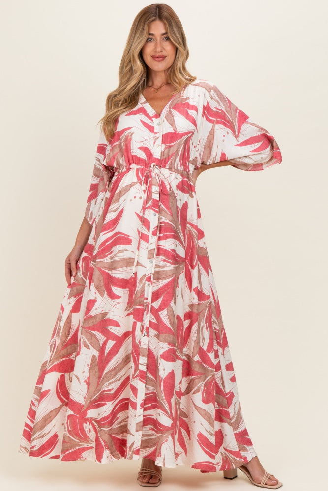 Rose Printed Button Up Waist Tie Maternity Maxi Dress
