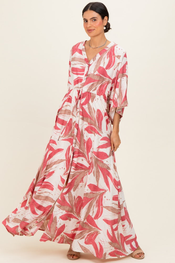 Rose Printed Button Up Waist Tie Maternity Maxi Dress