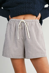 Brown Striped Drawstring Maternity Shorts