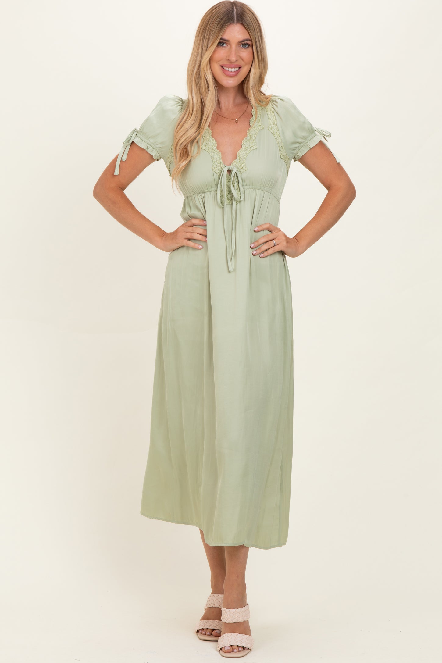 Sage Satin Lace Detail Maxi Dress