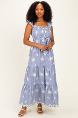 Blue Striped Embroidered Smocked Maternity Maxi Dress