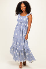 Blue Striped Embroidered Smocked Maxi Dress
