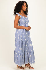 Blue Striped Embroidered Smocked Maxi Dress