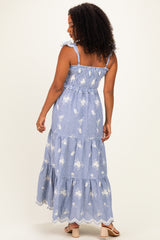 Blue Striped Embroidered Smocked Maxi Dress