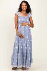 Blue Striped Embroidered Smocked Maternity Maxi Dress