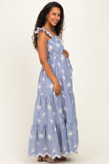 Blue Striped Embroidered Smocked Maternity Maxi Dress