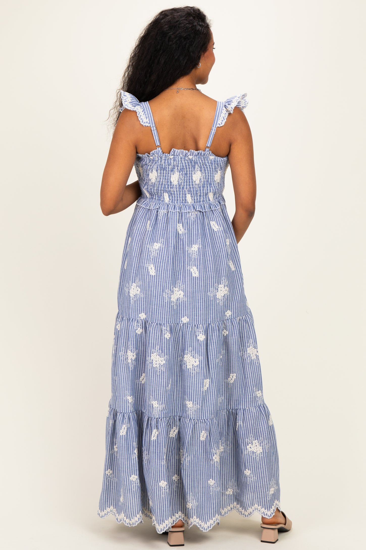 Blue Striped Embroidered Smocked Maternity Maxi Dress