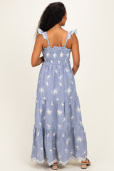 Blue Striped Embroidered Smocked Maternity Maxi Dress