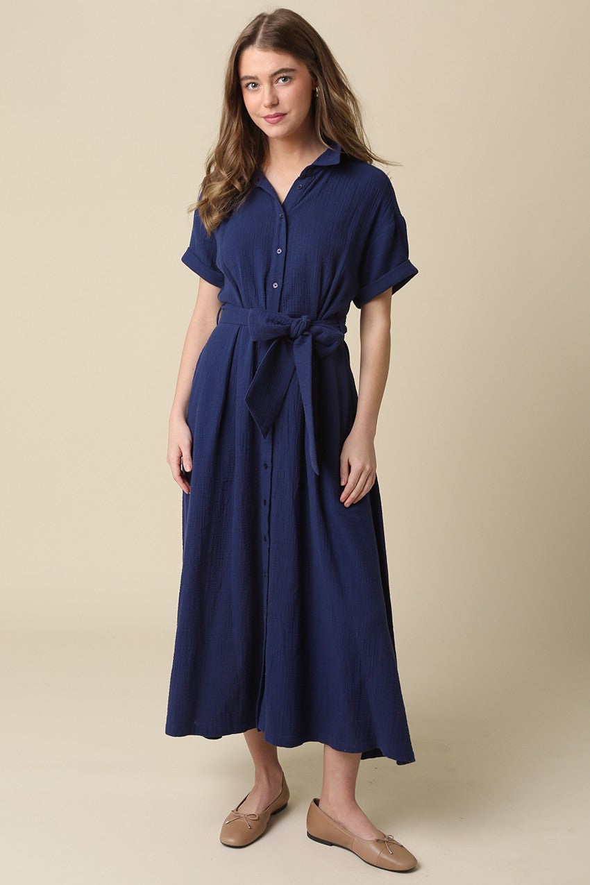 Navy Belted Maxi Shirt Dress