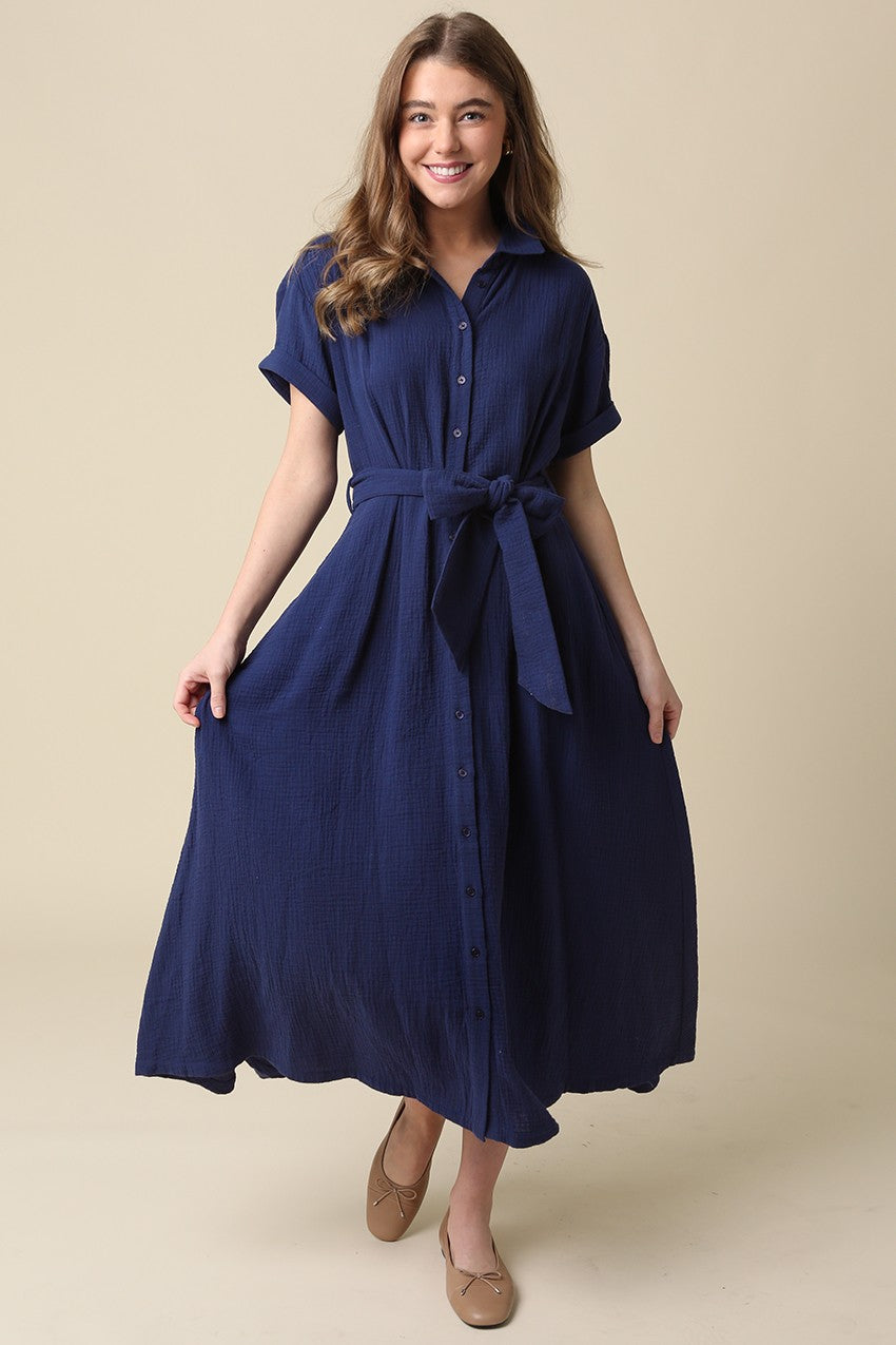 Navy Belted Maxi Shirt Dress