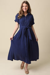 Navy Belted Maxi Shirt Dress