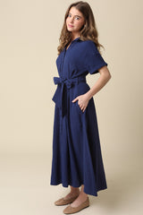 Navy Belted Maxi Shirt Dress