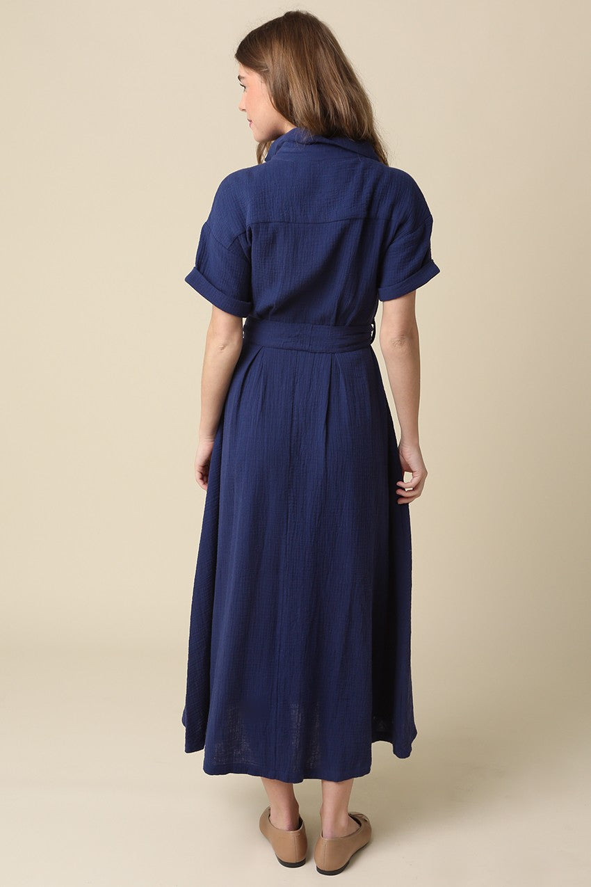 Navy Belted Maxi Shirt Dress