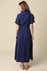 Navy Belted Maxi Shirt Dress