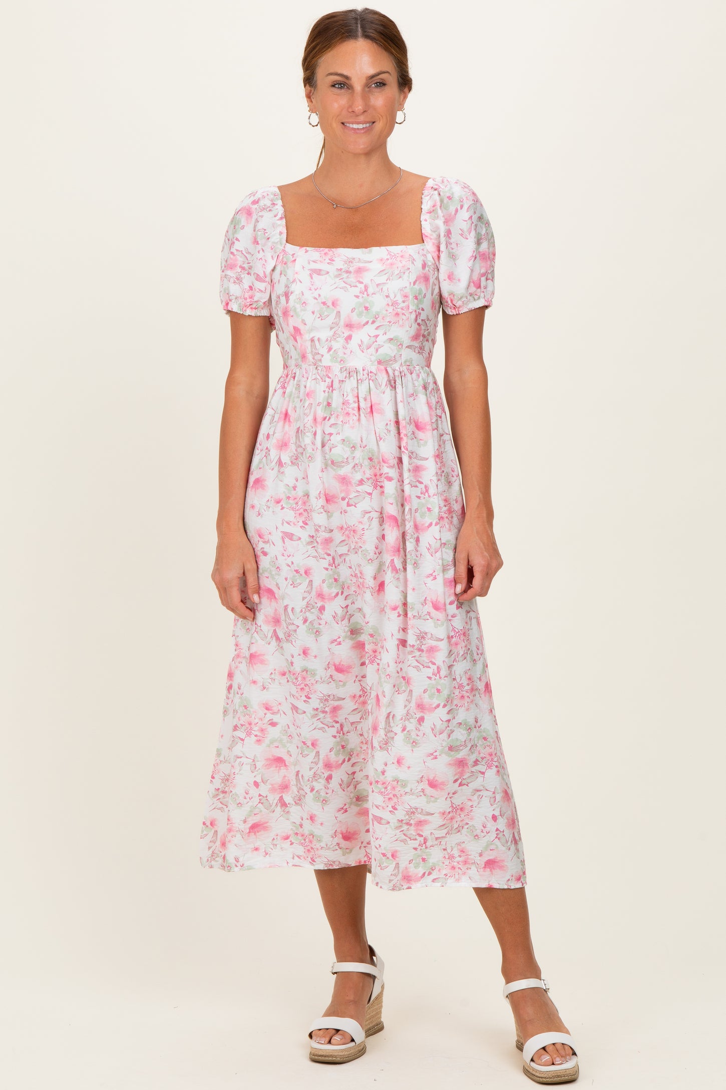 Pink Floral Crisscross Back Maternity Midi Dress
