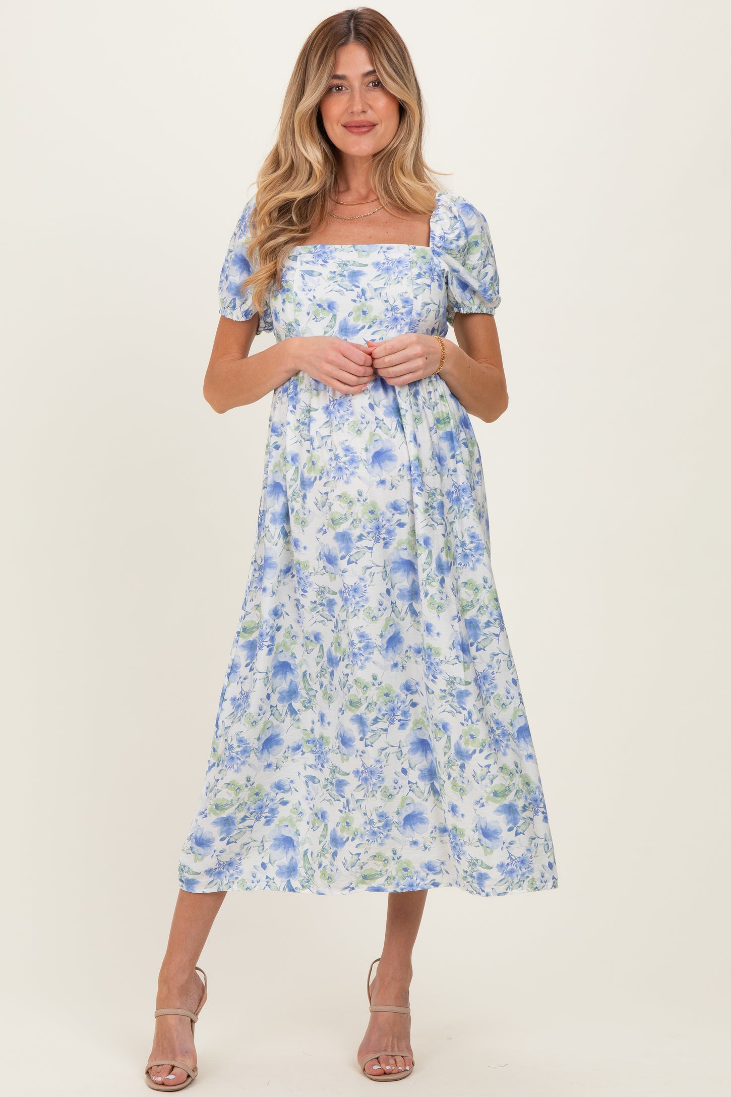Blue Floral Crisscross Back Maternity Midi Dress