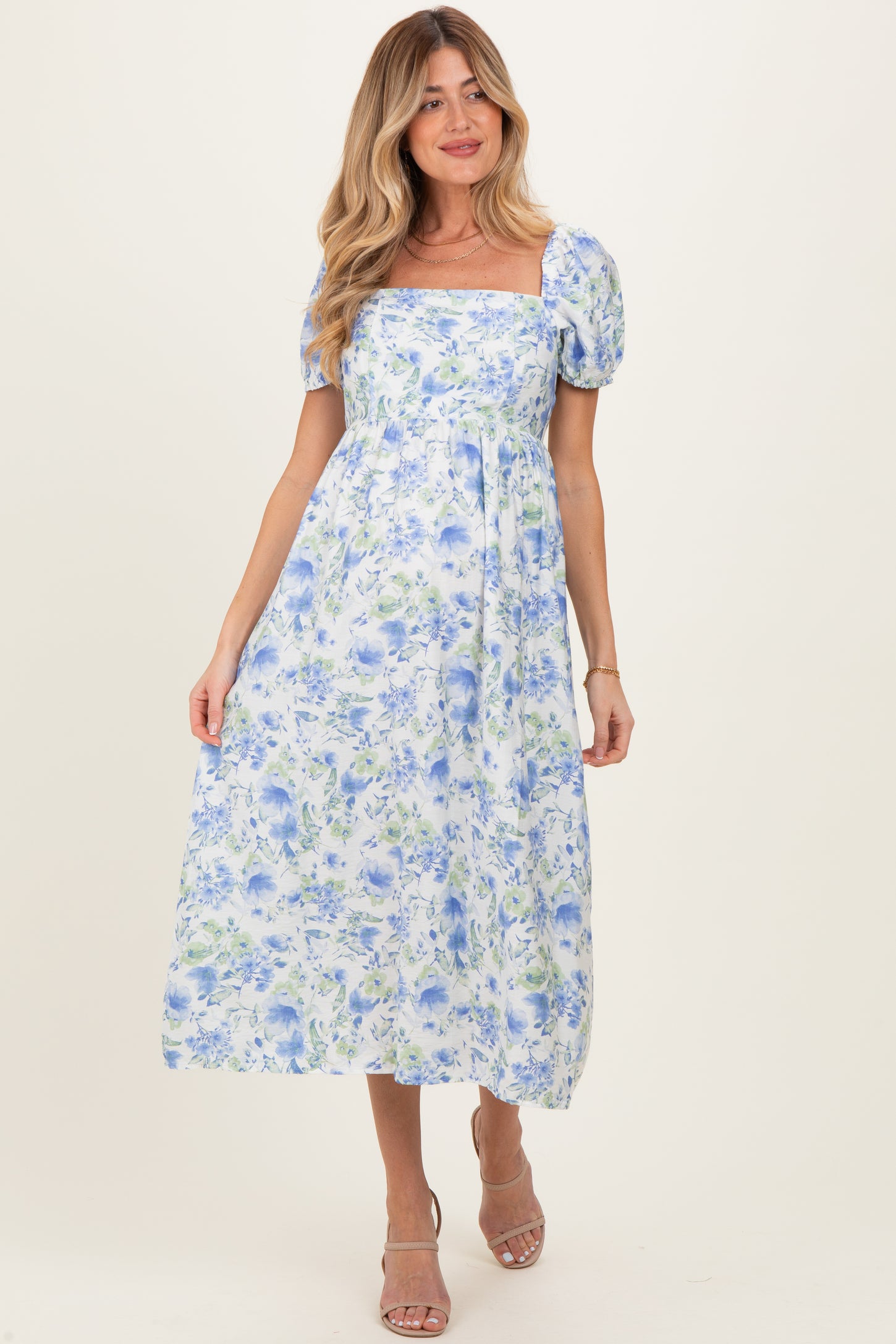 Blue Floral Crisscross Back Maternity Midi Dress